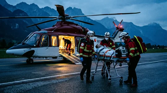 Équipe médicale transportant un patient sur civière vers un avion sanitaire