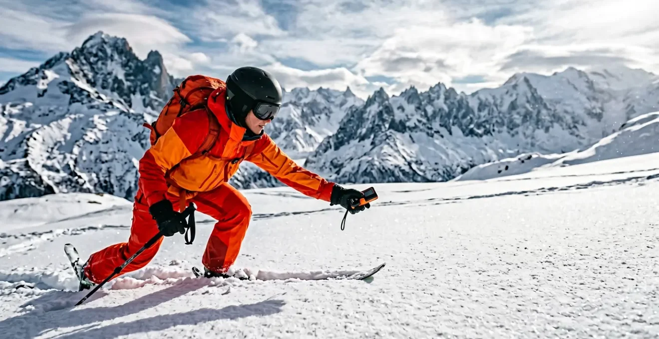 Secouriste utilisant un DVA en recherche dans un environnement de montagne enneigée