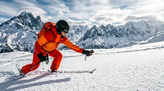 Secouriste utilisant un DVA en recherche dans un environnement de montagne enneigée