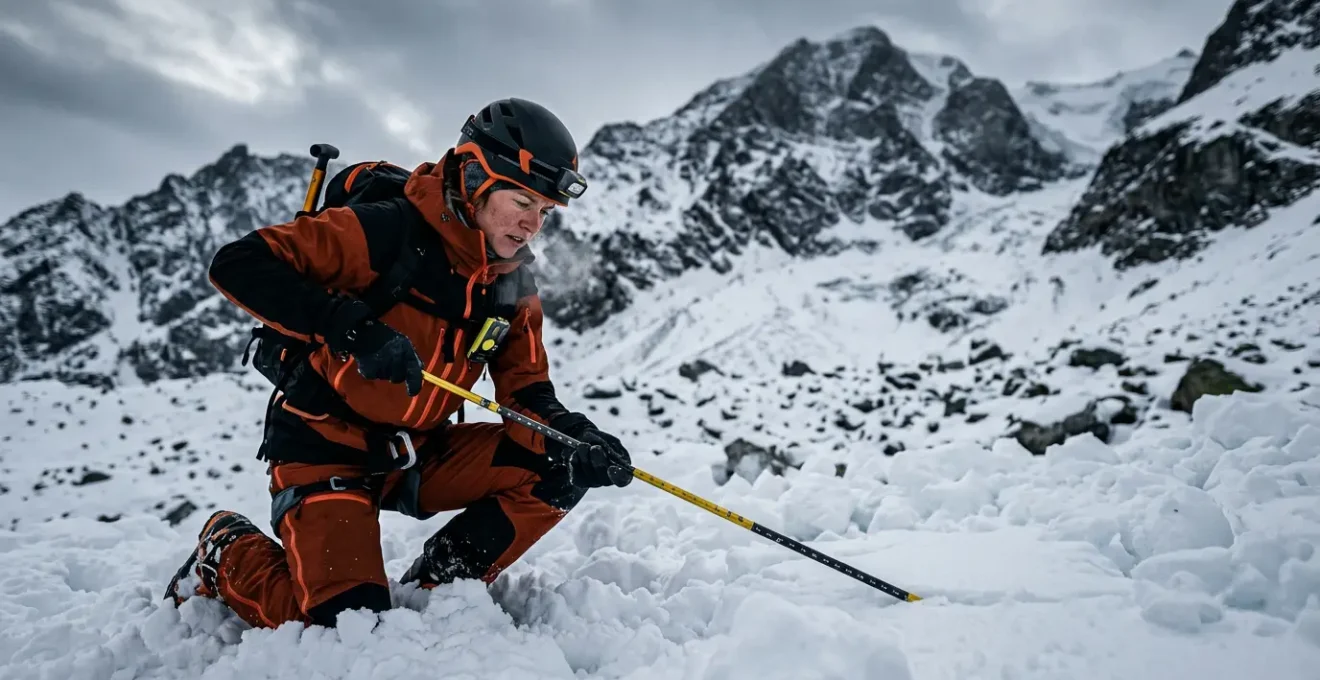 Sauveteur en montagne effectuant un sondage méthodique dans la neige pour localiser une victime ensevelie
