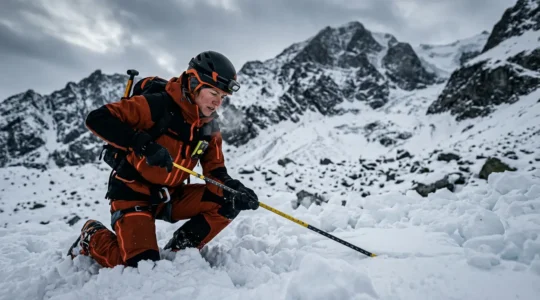 Sauveteur en montagne effectuant un sondage méthodique dans la neige pour localiser une victime ensevelie