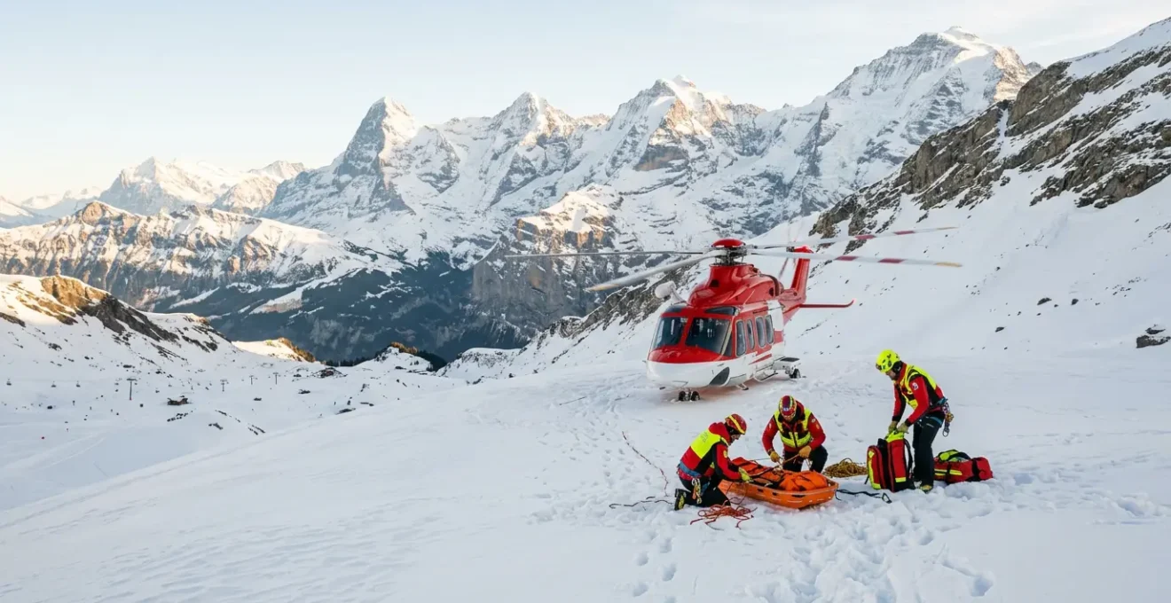 Équipe de secours en montagne avec hélicoptère lors d'une intervention sur piste de ski