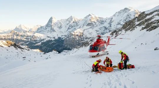 Équipe de secours en montagne avec hélicoptère lors d'une intervention sur piste de ski