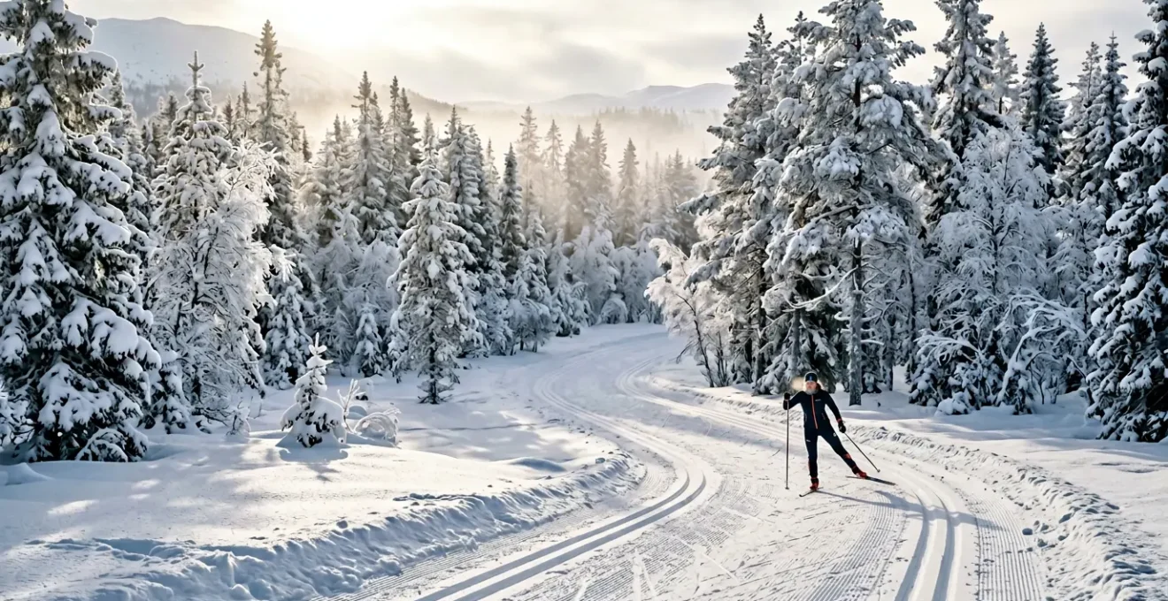 Skieur de fond en technique classique sur une piste tracée en forêt enneigée au lever du soleil