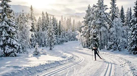 Skieur de fond en technique classique sur une piste tracée en forêt enneigée au lever du soleil