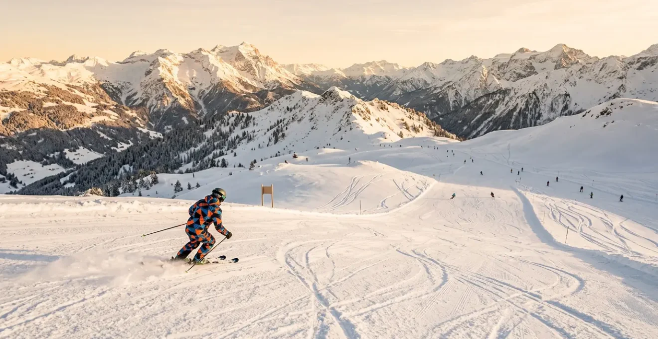 Skieurs sur une piste enneigée montrant la perspective depuis l'amont vers l'aval
