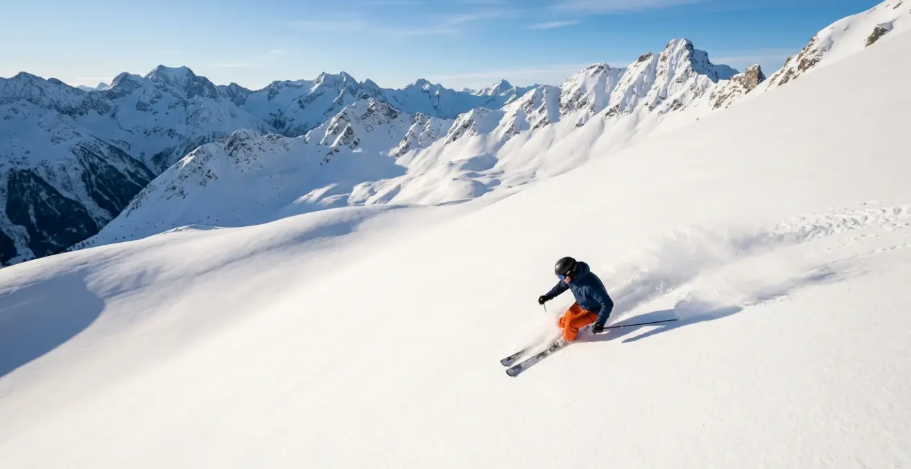 Skieur expérimenté descendant une pente de poudreuse dans les Alpes avec vue panoramique
