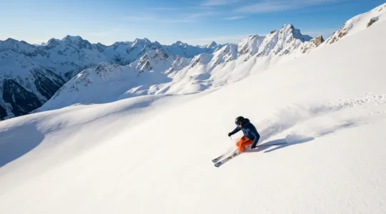 Skieur expérimenté descendant une pente de poudreuse dans les Alpes avec vue panoramique