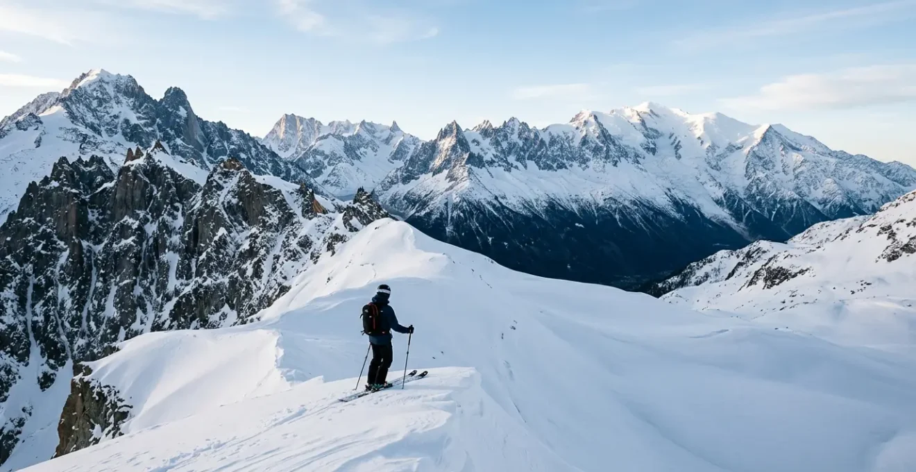 Skieur en hors-piste évaluant le manteau neigeux avant de s'engager dans une pente