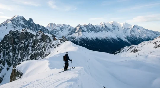 Skieur en hors-piste évaluant le manteau neigeux avant de s'engager dans une pente