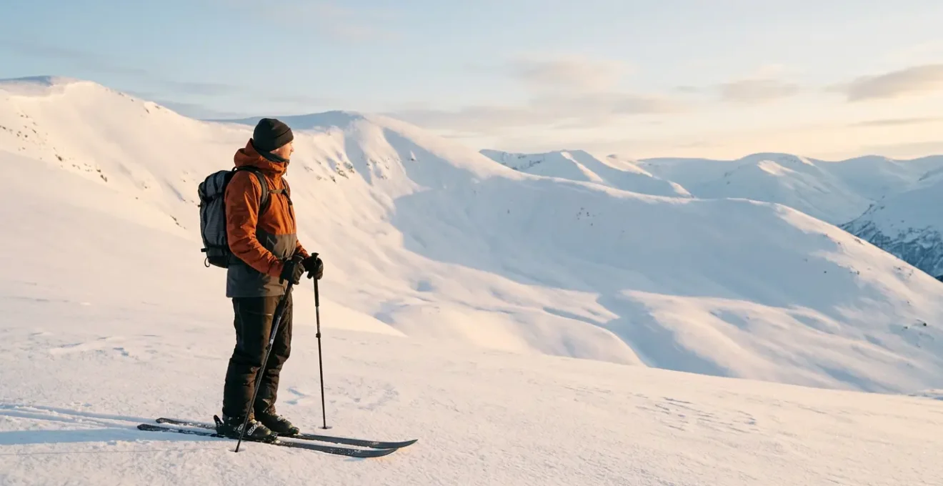 Skieur équipé de vêtements techniques multicouches en montagne enneigée par temps froid