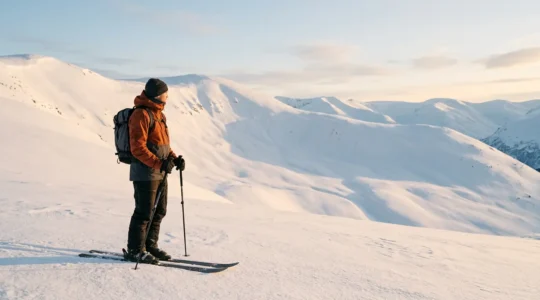 Skieur équipé de vêtements techniques multicouches en montagne enneigée par temps froid