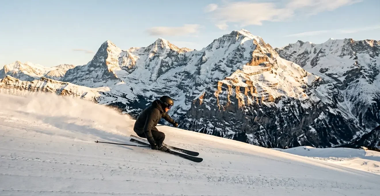 Skieurs en pleine descente exécutant un virage carving parfait sur une piste damée avec vue sur les sommets alpins