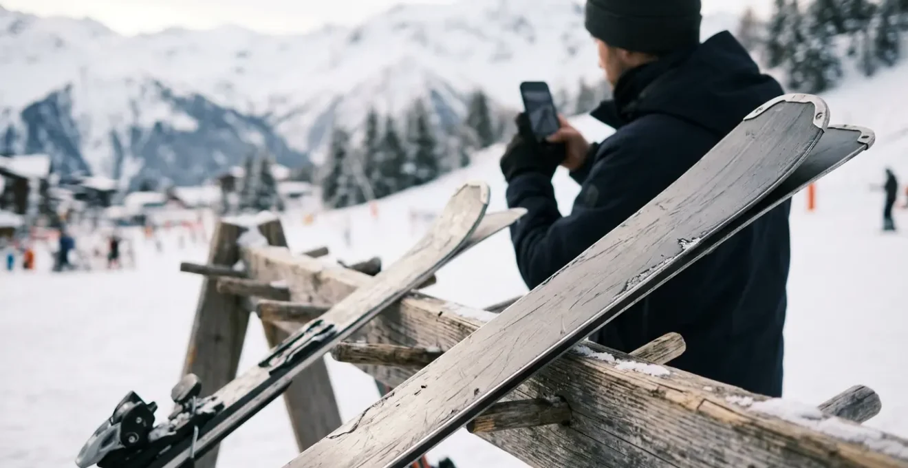 Gros plan sur des skis de location posés sur un support en bois, avec une main tenant un smartphone en arrière-plan flou