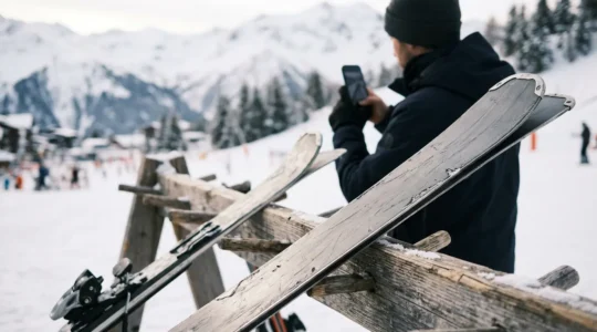 Gros plan sur des skis de location posés sur un support en bois, avec une main tenant un smartphone en arrière-plan flou
