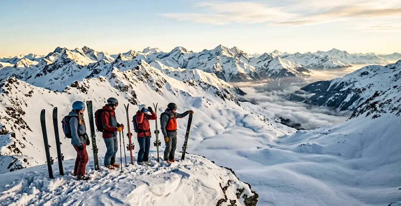 Groupe de skieurs en freeride observant les pentes enneigées depuis un point sécurisé en altitude