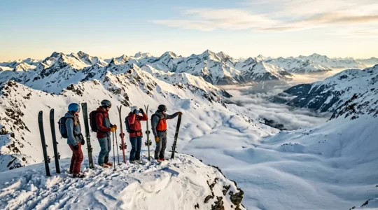 Groupe de skieurs en freeride observant les pentes enneigées depuis un point sécurisé en altitude
