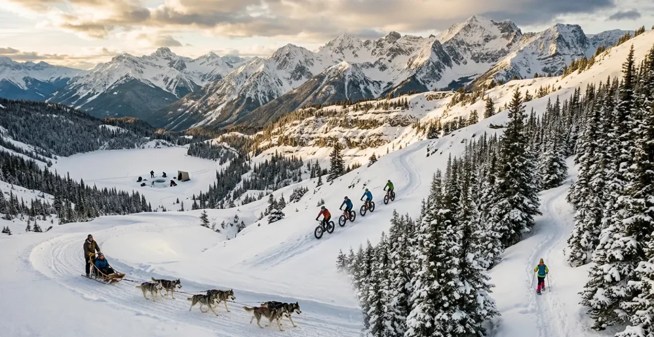 Vue panoramique d'une montagne enneigée avec différentes activités d'hiver pratiquées simultanément