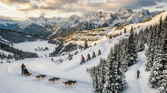 Vue panoramique d'une montagne enneigée avec différentes activités d'hiver pratiquées simultanément