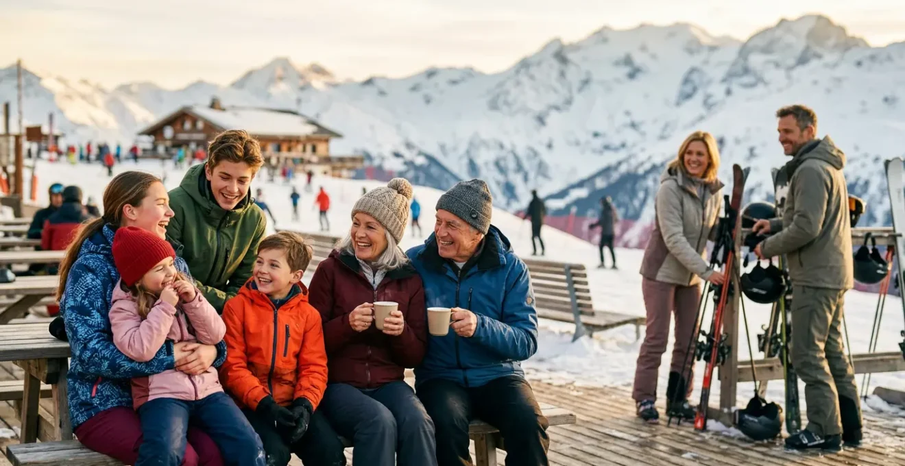 Famille multigénérationnelle sur une terrasse ensoleillée de station de ski, adolescents et jeunes enfants partageant un moment de détente après le ski