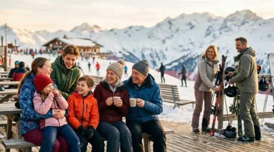 Famille multigénérationnelle sur une terrasse ensoleillée de station de ski, adolescents et jeunes enfants partageant un moment de détente après le ski