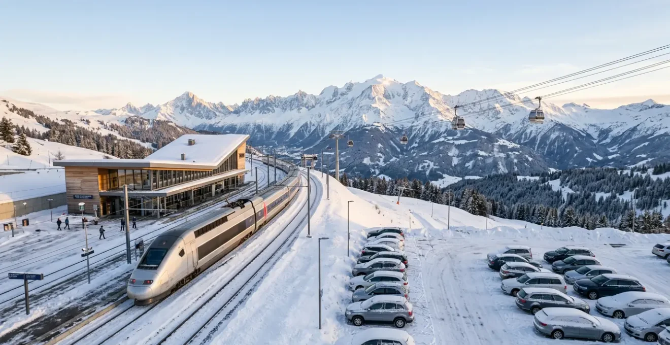 TGV moderne en gare de montagne avec vue sur station de ski enneigée et voitures en stationnement