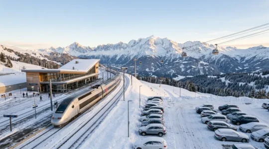 TGV moderne en gare de montagne avec vue sur station de ski enneigée et voitures en stationnement