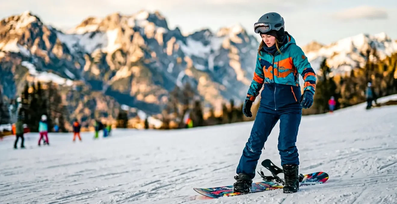 Skieur en transition vers le snowboard sur une pente enneigée, position d'apprentissage