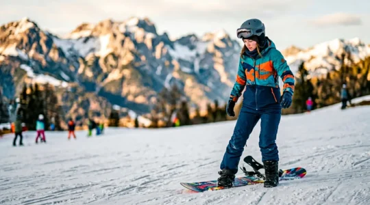 Skieur en transition vers le snowboard sur une pente enneigée, position d'apprentissage