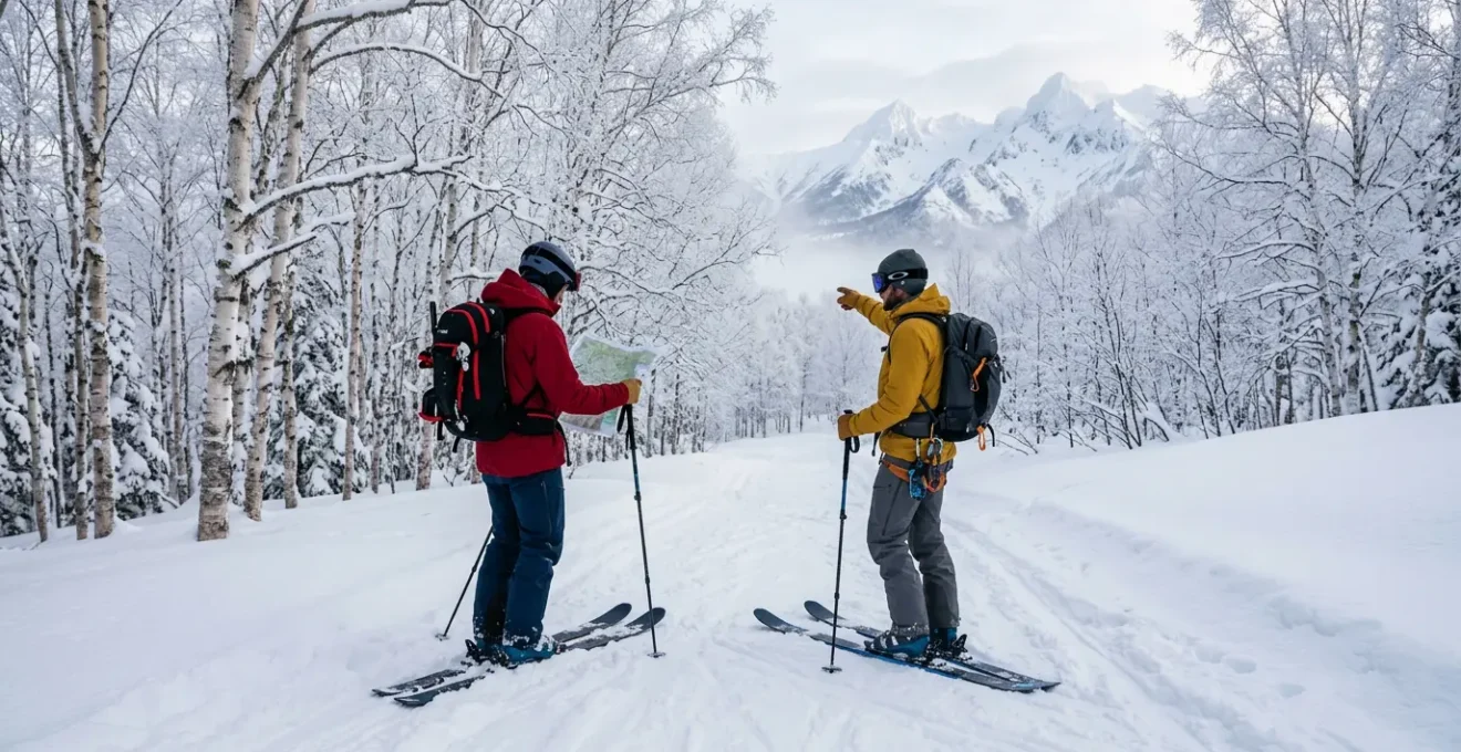 Skieurs dans une forêt enneigée avec équipement coloré et montagnes en arrière-plan