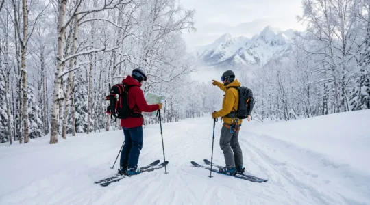Skieurs dans une forêt enneigée avec équipement coloré et montagnes en arrière-plan