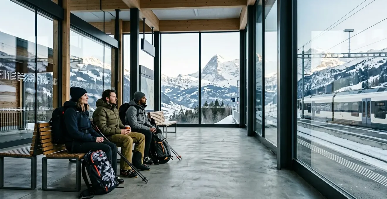 Voyageurs avec équipement de ski attendant dans une gare de montagne