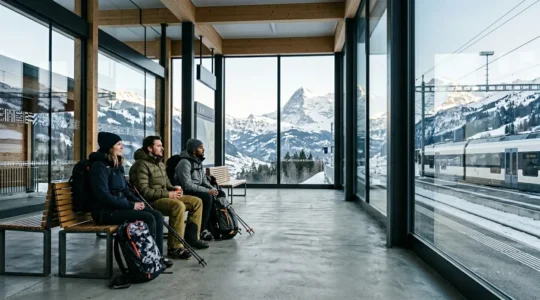 Voyageurs avec équipement de ski attendant dans une gare de montagne