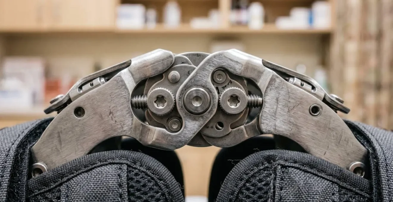 Gros plan sur une attelle de genou articulée avec ses mécanismes métalliques et sangles ajustables