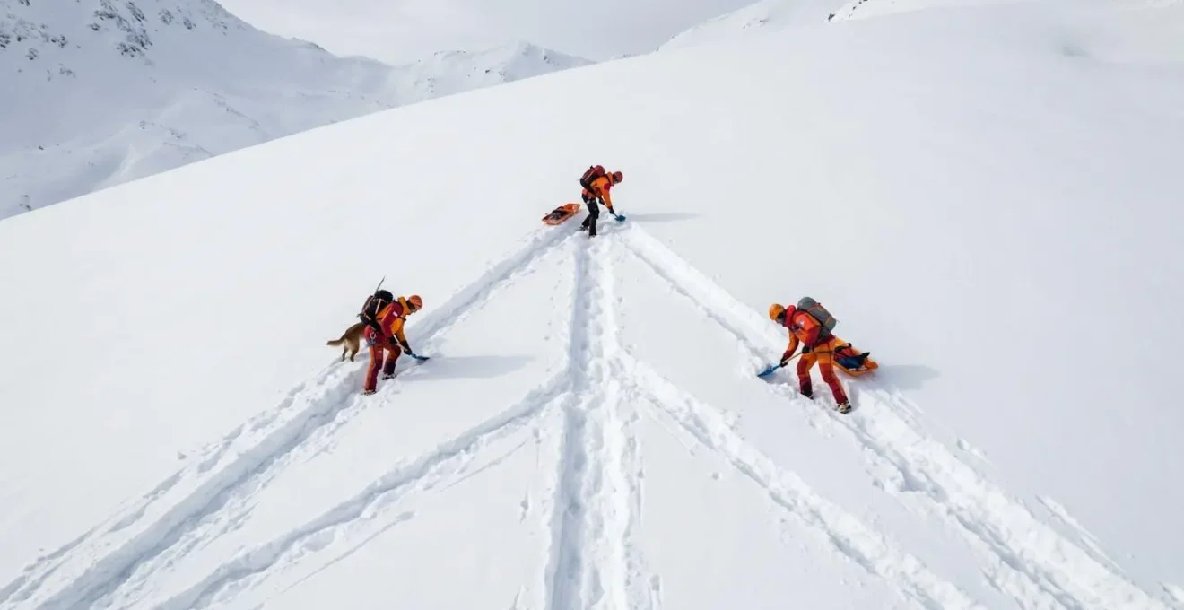 Vue aérienne d'une équipe de secours en formation V creusant méthodiquement dans la neige