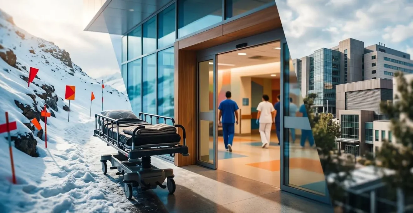 Schéma visuel de la chaîne de soins en montagne depuis la piste jusqu'à l'hôpital