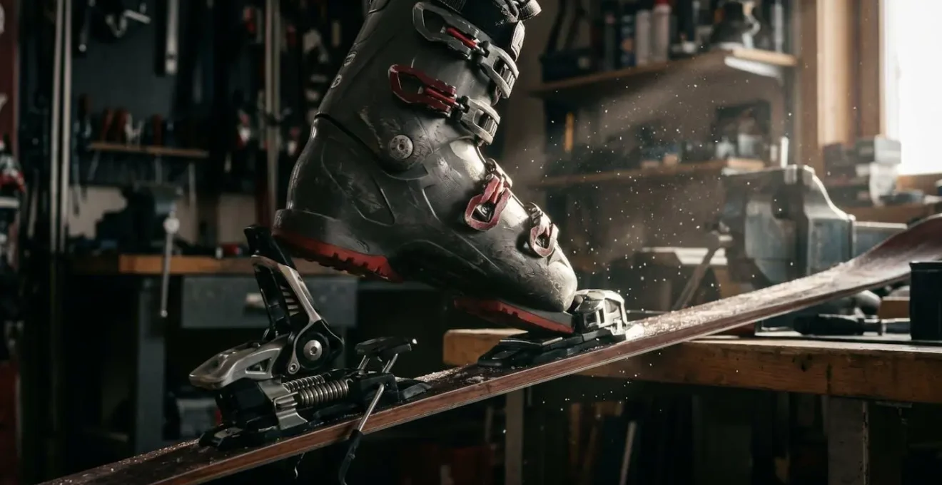 Vue détaillée de chaussures de ski avec système de réglage et fixations