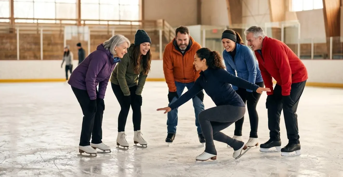 Groupe de débutants souriants en formation autour d'un moniteur sur une piste de curling