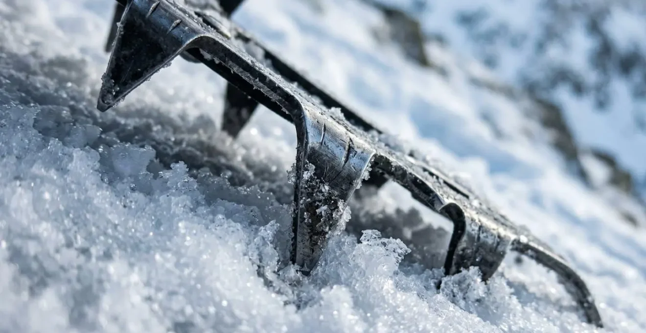 Gros plan macro sur les griffes métalliques d'une raquette plantée dans la neige durcie
