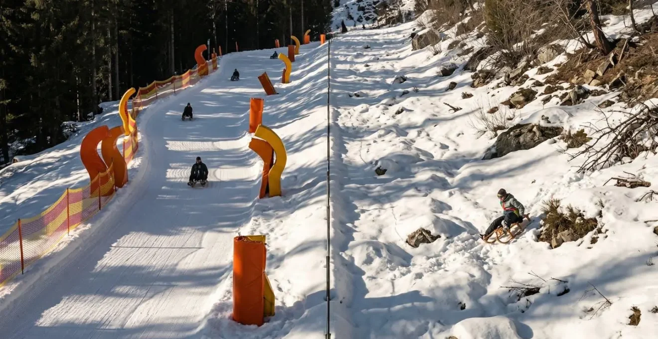 Vue aérienne montrant la différence entre une piste de luge balisée et un champ de neige sauvage