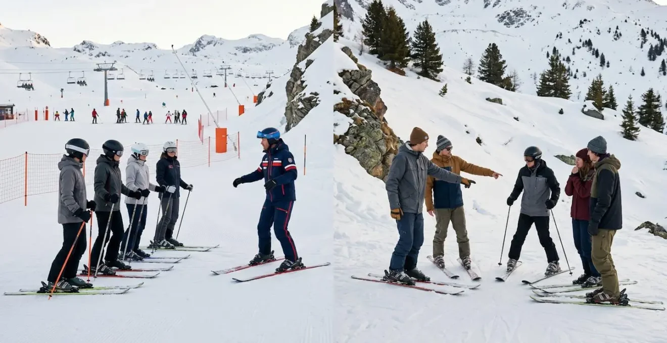 Scène montrant deux situations contrastées de cours de ski avec focus sur la sécurité