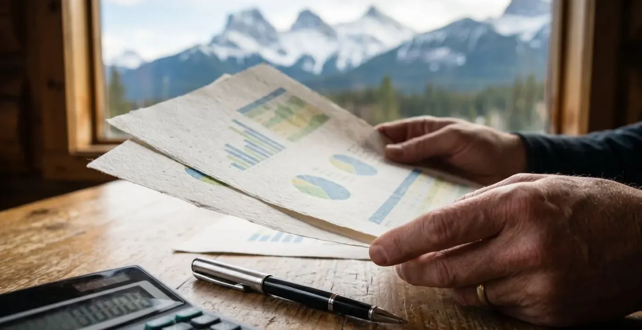 Mains comparant des documents d'assurance avec calculatrice et montagne enneigée en arrière-plan