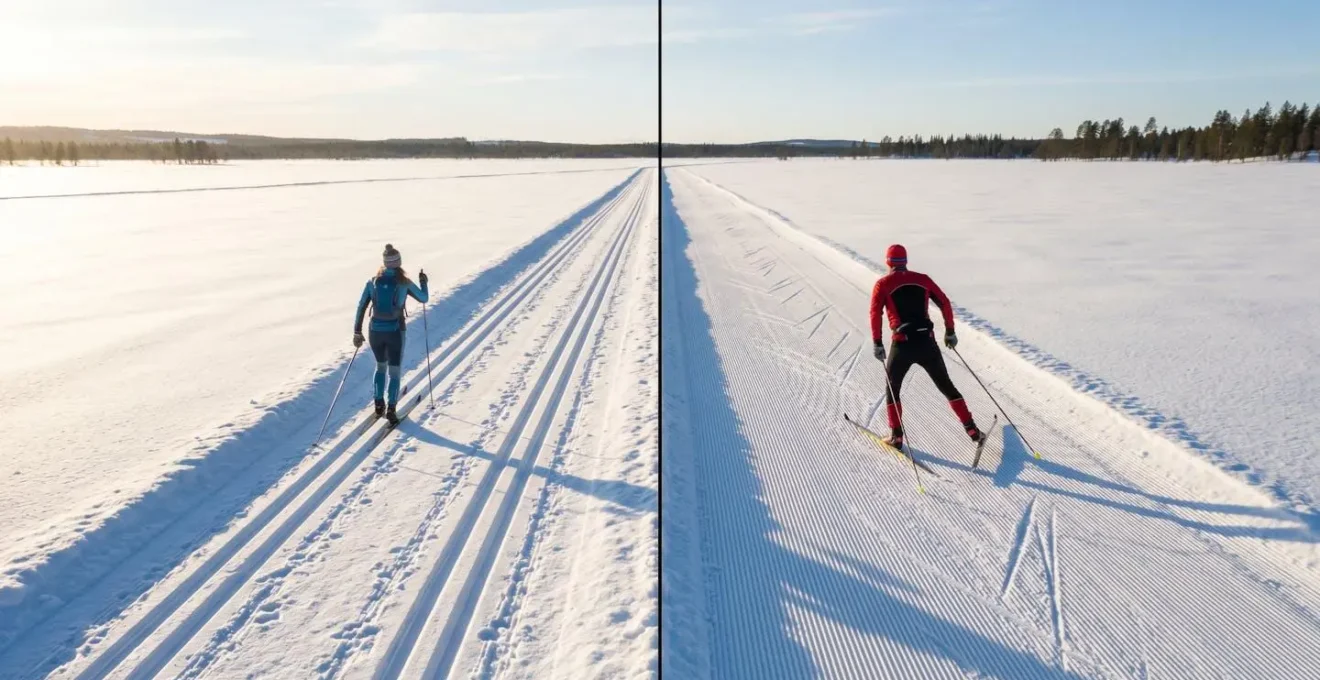 Vue comparative côte à côte d'un skieur en technique classique et d'un skieur en skating sur pistes parallèles