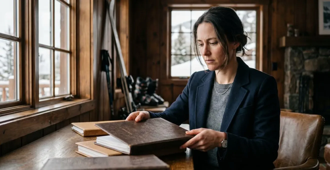 Avocat consultant des documents juridiques avec équipement de ski en arrière-plan