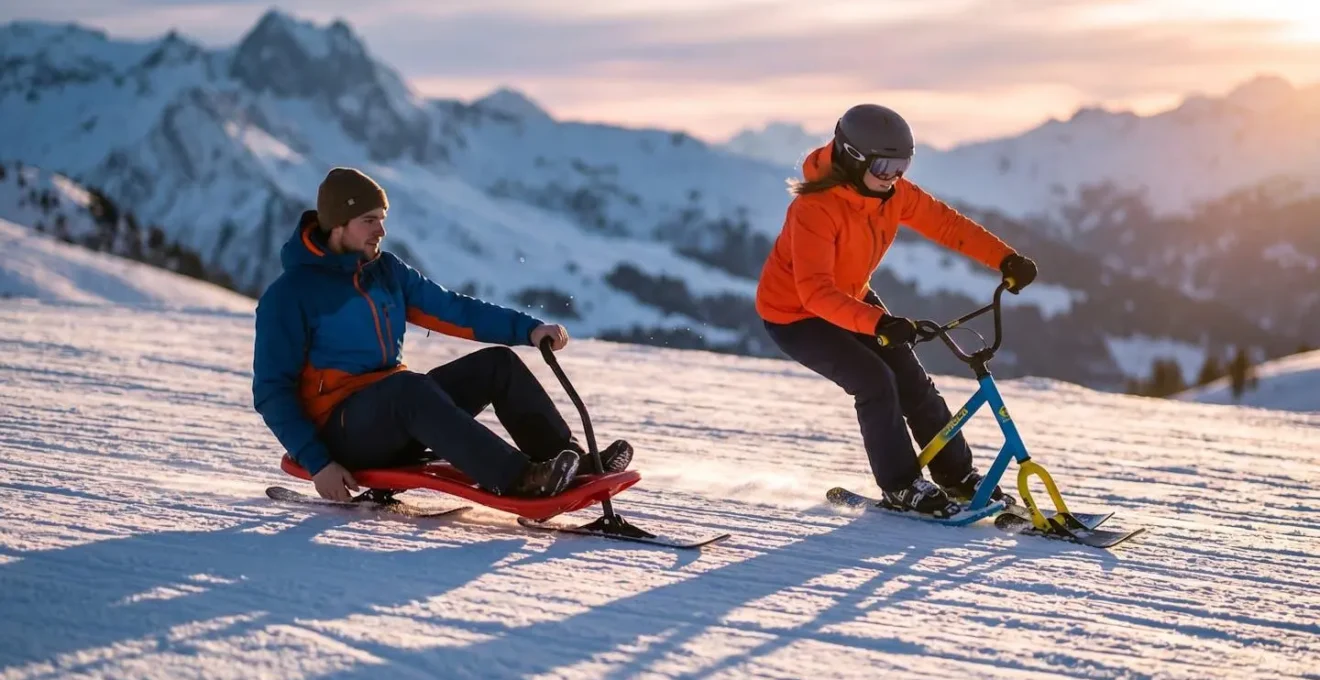 Deux personnes descendant côte à côte, l'une en Yooner position basse, l'autre en Snooc position plus haute