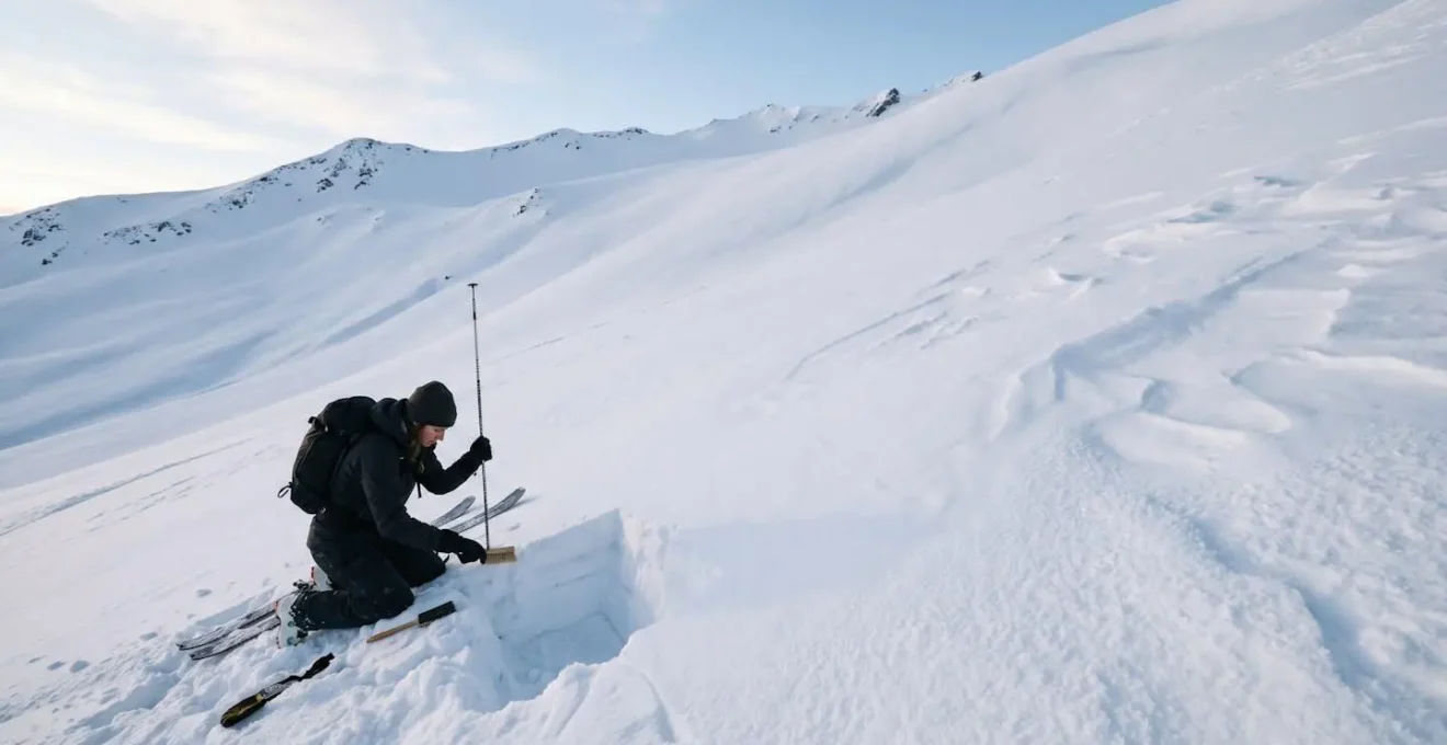 Skieur analysant la texture de la neige avec son bâton sur une pente enneigée, révélant les différentes densités du manteau neigeux
