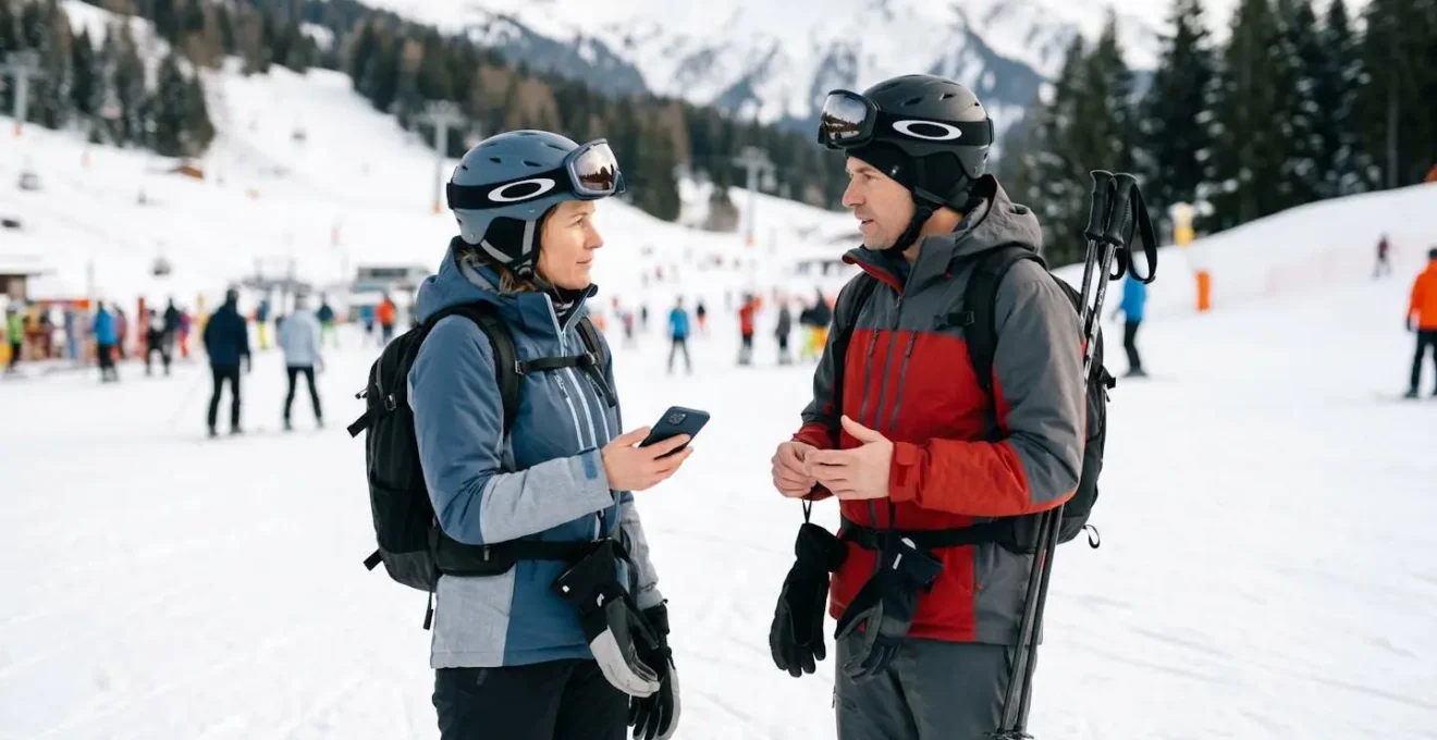 Deux skieurs échangeant des documents après un incident sur les pistes