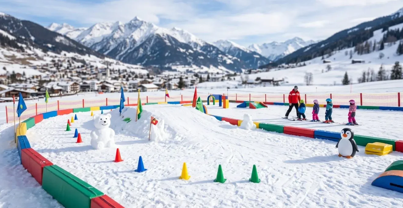Tout-petits en combinaisons colorées avec moniteur ESF dans un jardin des neiges sécurisé