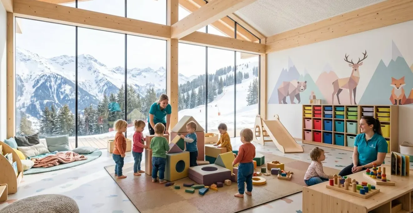Espace garderie coloré et sécurisé dans une station de ski avec enfants jouant
