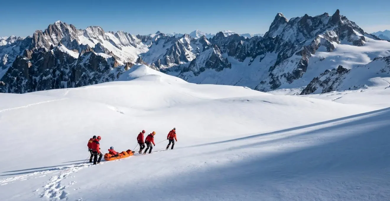Secouristes évacuant un skieur blessé sur une piste enneigée